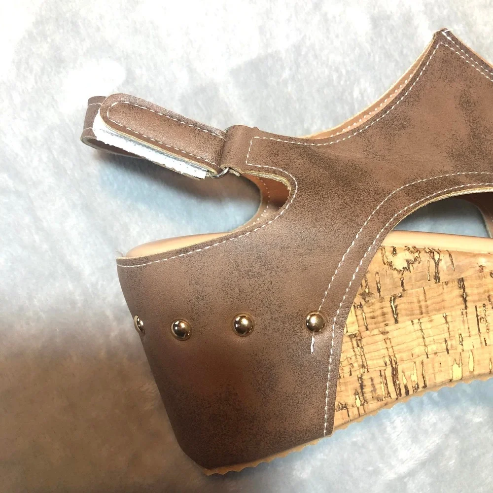 Womens Brown Faux Leather Cork Wedge Platform‎ Sandals Size 42 Studded Slingback